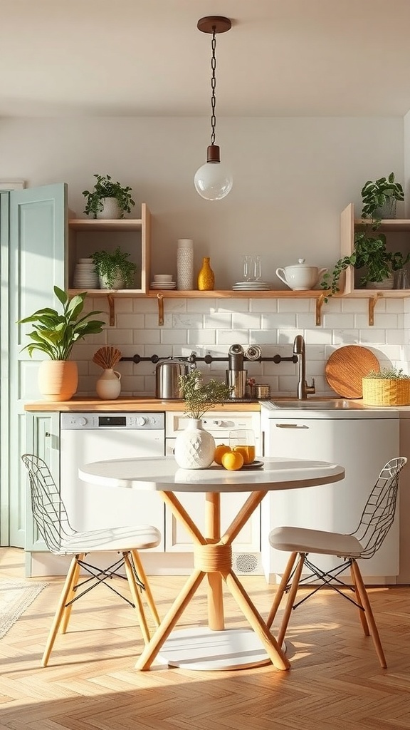 A bright kitchen featuring a round dining table with two chairs, plants on shelves, and a cozy atmosphere.
