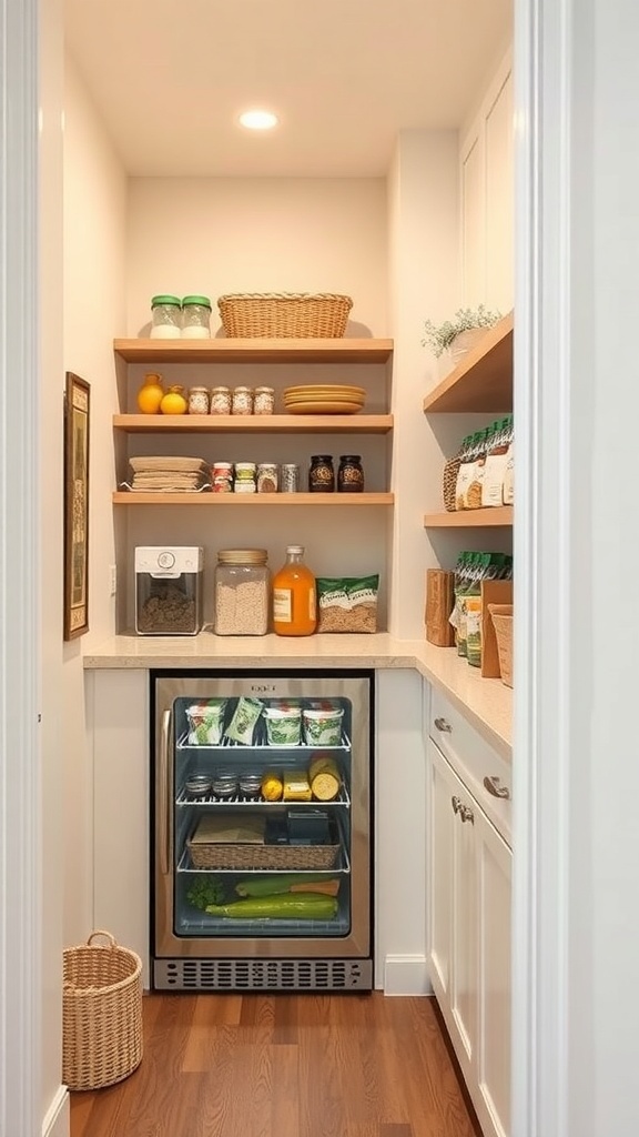 A narrow pantry featuring a small refrigerator, organized shelves with jars and baskets, and a clean, tidy layout.