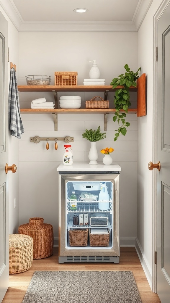 A small refrigerator in a utility room with shelves and decorative items.