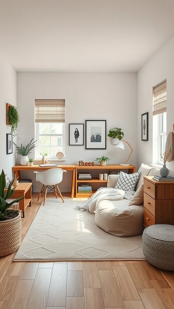 Cozy small teen bedroom with a seating area featuring a bean bag chair, ottoman, and a desk.