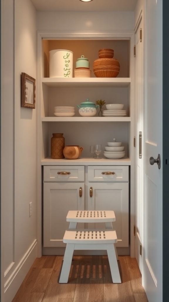 A small pantry with shelves filled with various containers and a white step stool in front.
