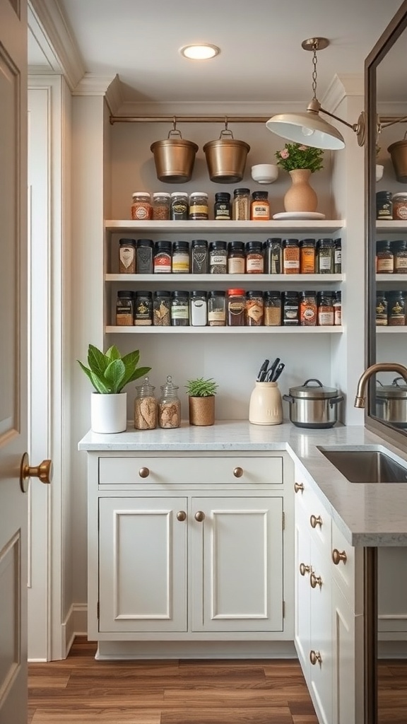 A well-organized butler's pantry featuring a spice rack with jars, plants, and kitchen tools.