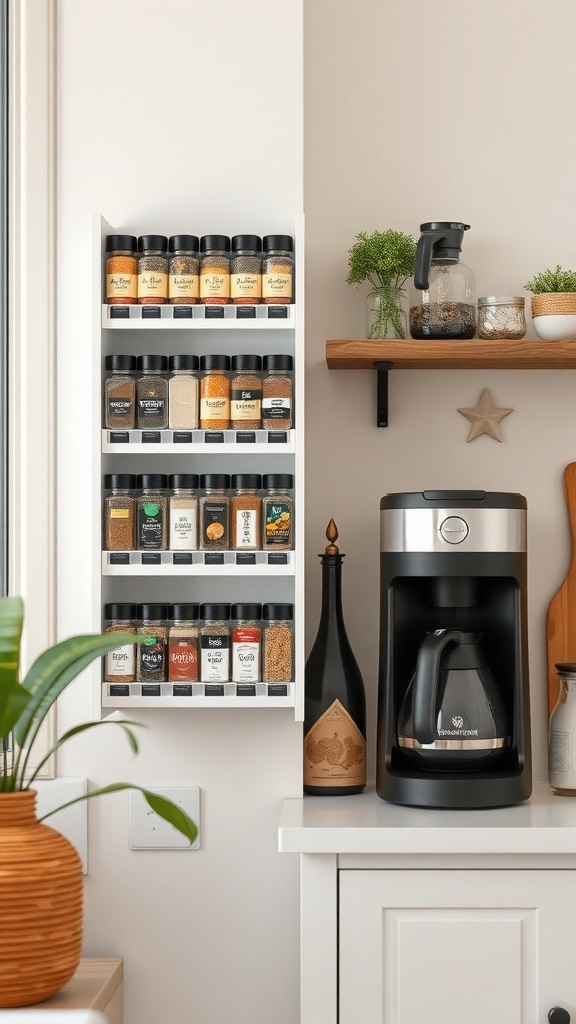 A stylish spice rack mounted on a wall next to a coffee maker in a kitchen setting.