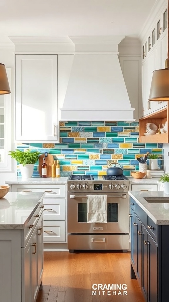 A vibrant kitchen featuring a colorful backsplash with blue, green, and gold tiles.