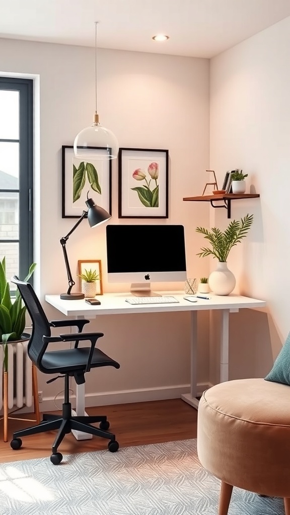 A small home office featuring a standing desk, computer, and plants, with a cozy chair in the corner.