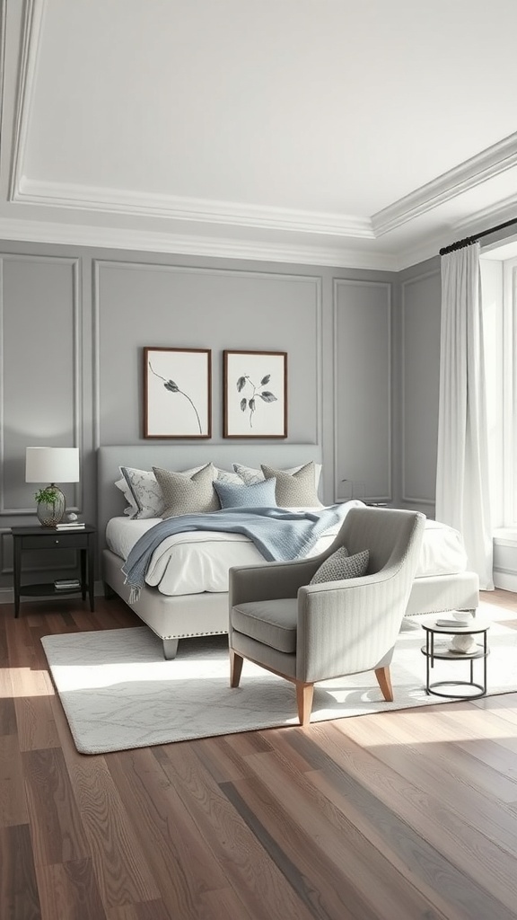 A stylish grey and white bedroom featuring a statement chair, bed with decorative pillows, and framed wall art.