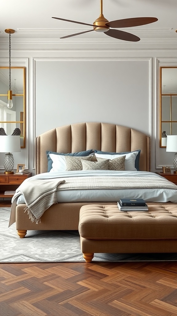 A cozy bedroom featuring a plush beige statement headboard, warm wooden floors, and soft bedding.