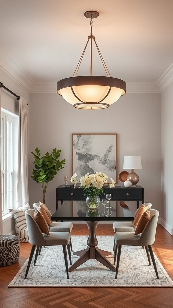 A small dining room featuring a stylish chandelier, a modern dining table, and comfortable chairs.