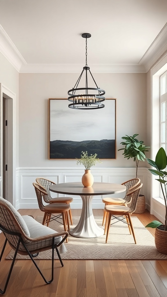 A small dining room with a round table, stylish chairs, a large artwork on the wall, and a modern light fixture.