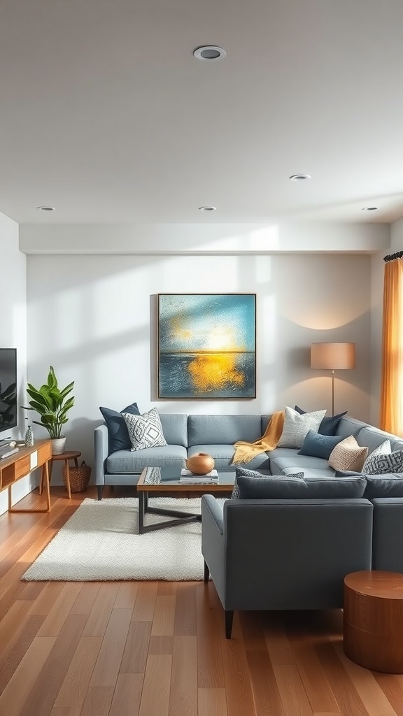 A cozy small living room featuring a statement artwork above a sofa, with a coffee table and plants.