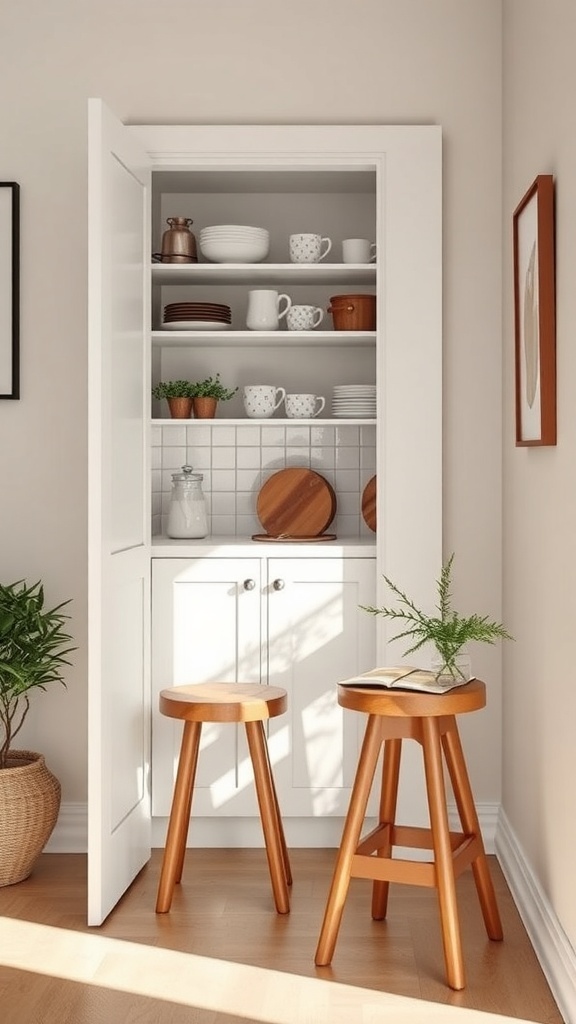 A small pantry with a step stool for easy access to high shelves, featuring neatly arranged dishes and plants.