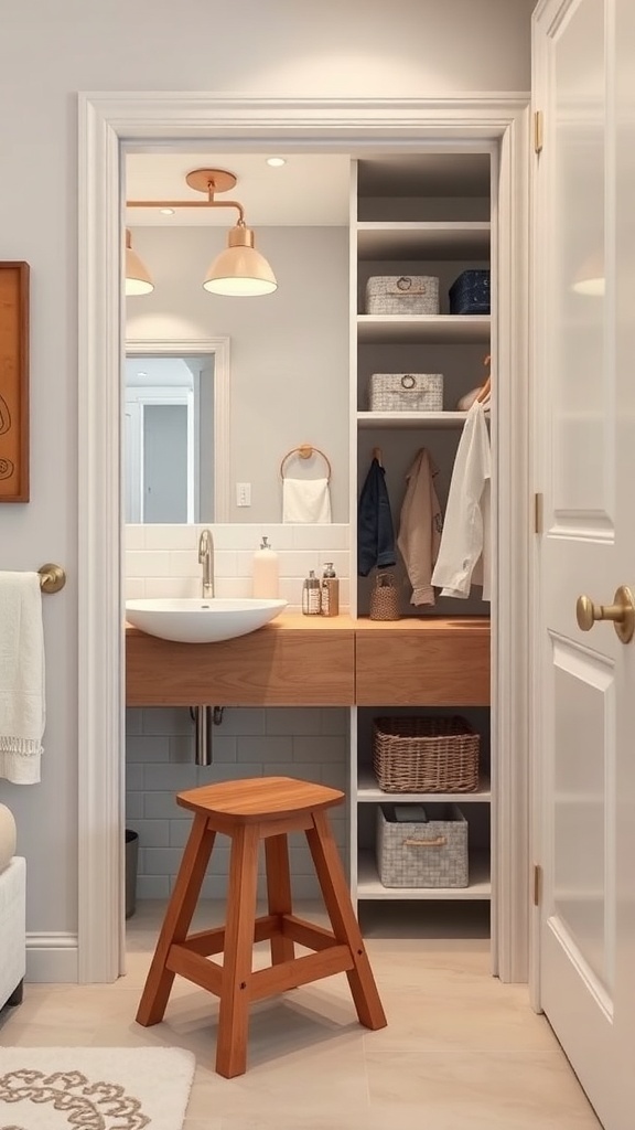 A well-organized bathroom closet with a wooden step stool.