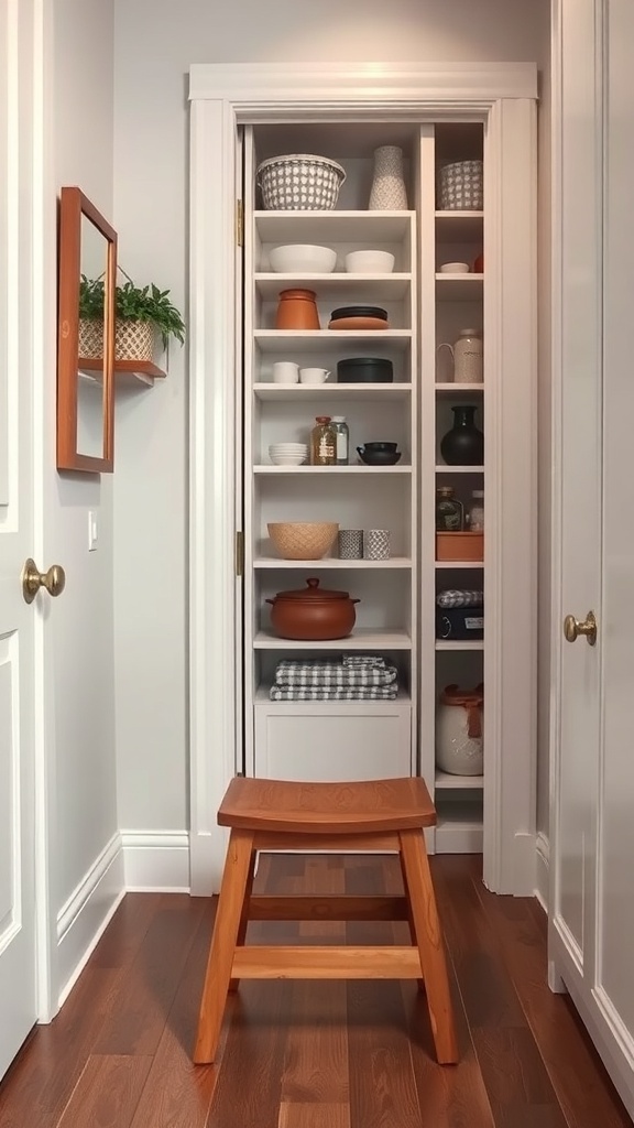 A narrow pantry with shelves filled with various containers and a wooden step stool in front.