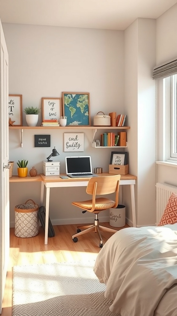 A small teen bedroom featuring a study area with a desk, chair, and shelves.