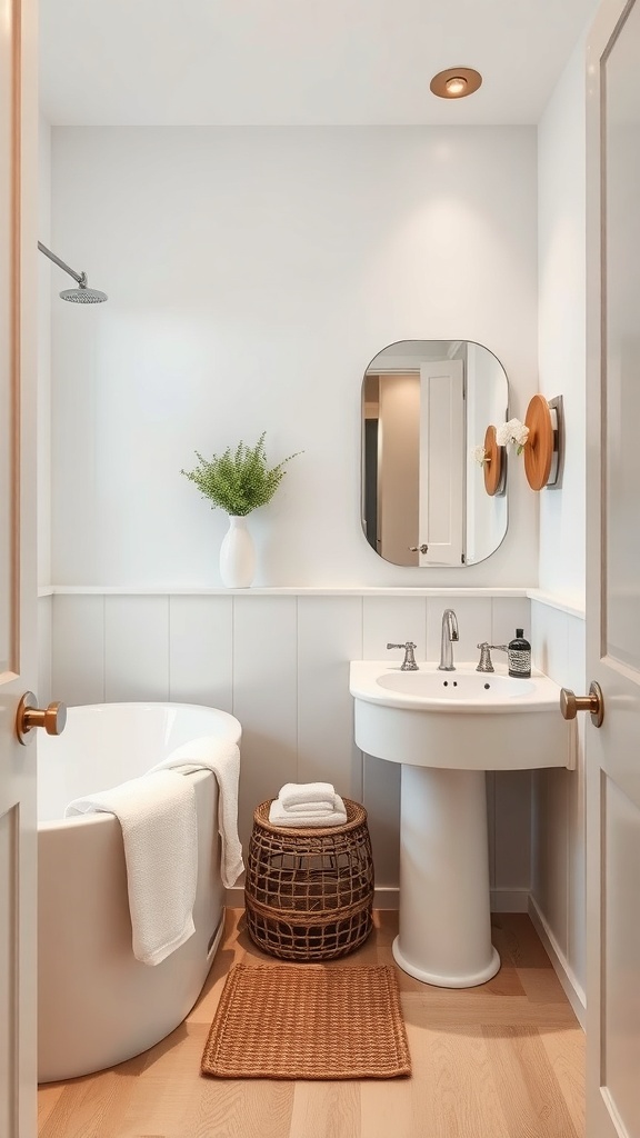A small master bathroom featuring a modern design with a bathtub, sink, and decorative elements.