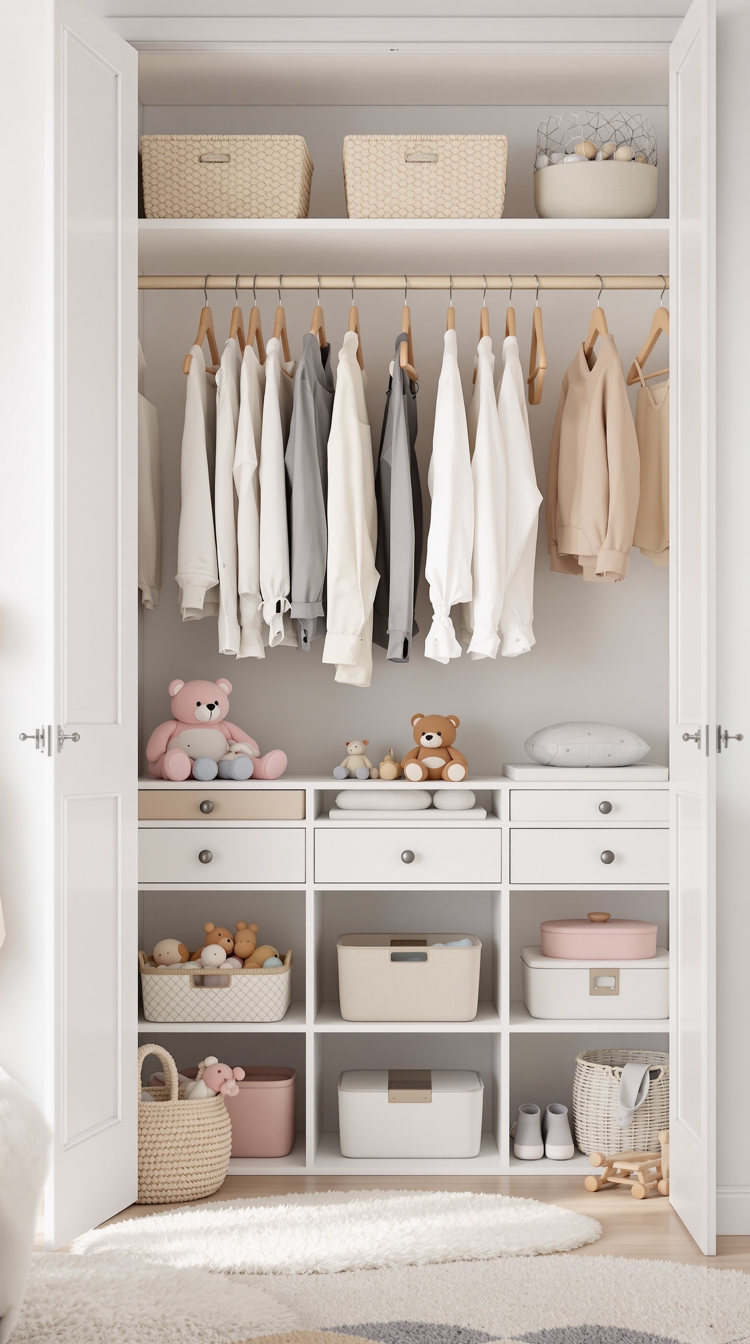 A neatly organized baby room closet with clothes and toys, featuring baskets and drawers for easy access.