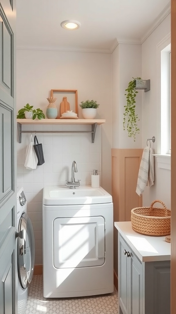 A small laundry room featuring a utility sink, modern washer, and stylish decor.