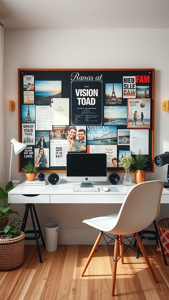 A clean desk with a vision board filled with images and quotes for inspiration.