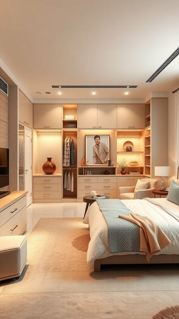 A modern bedroom featuring a walk-in closet with warm lighting and organized storage.