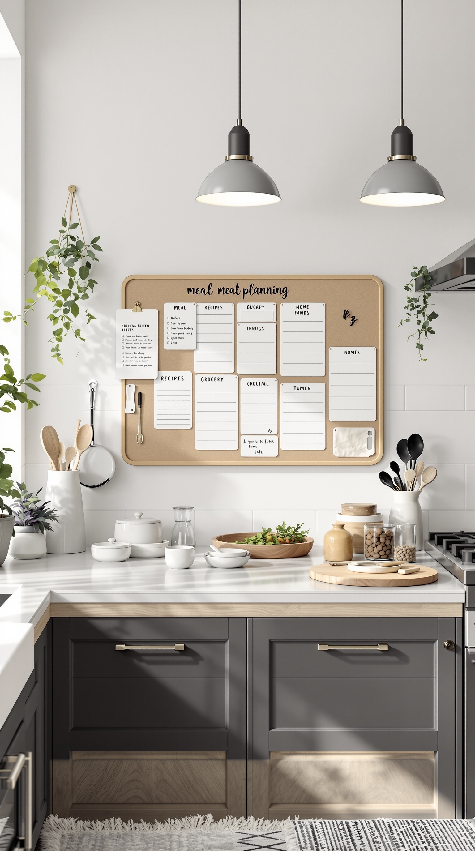A stylish kitchen with a meal planning board displaying sections for meals, recipes, grocery items, and notes.