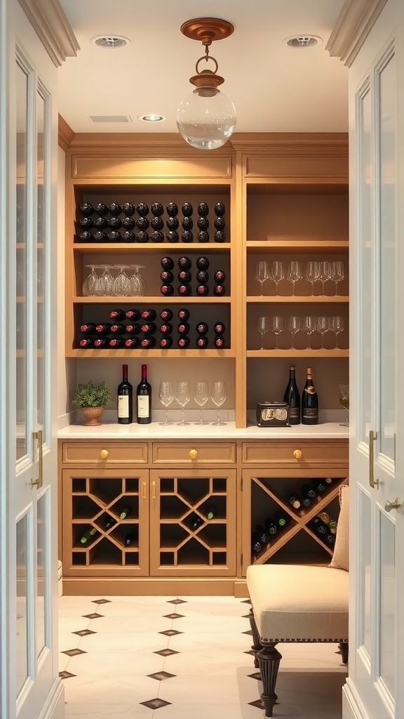 A stylish butler's pantry featuring a wine rack, glassware storage, and elegant lighting.