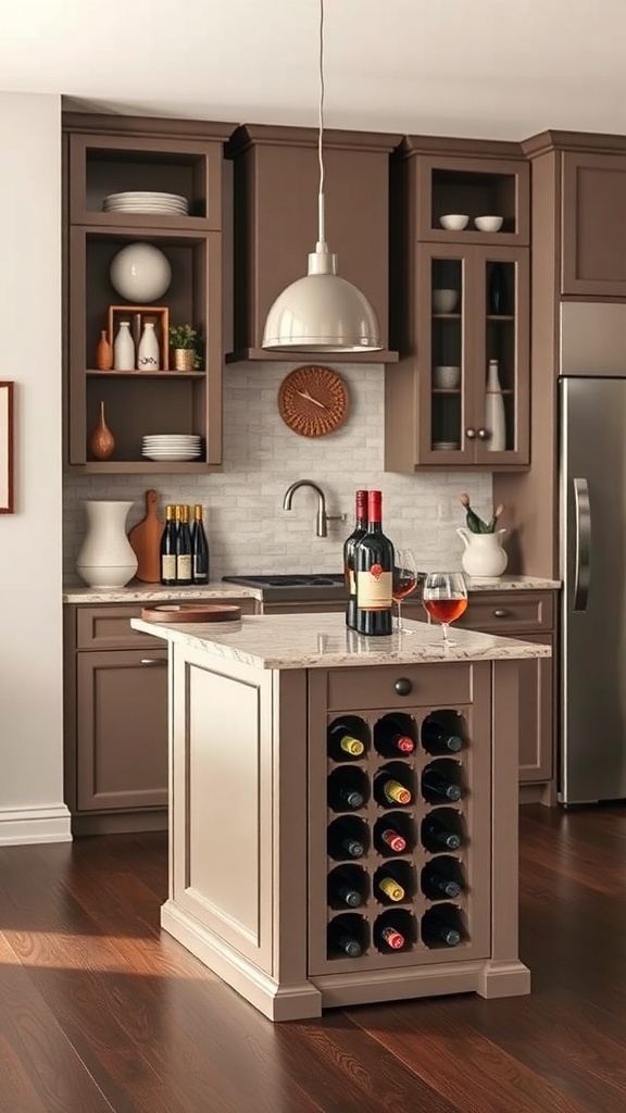 A small kitchen island with a built-in wine rack, showcasing bottles of wine and a cozy kitchen setting.