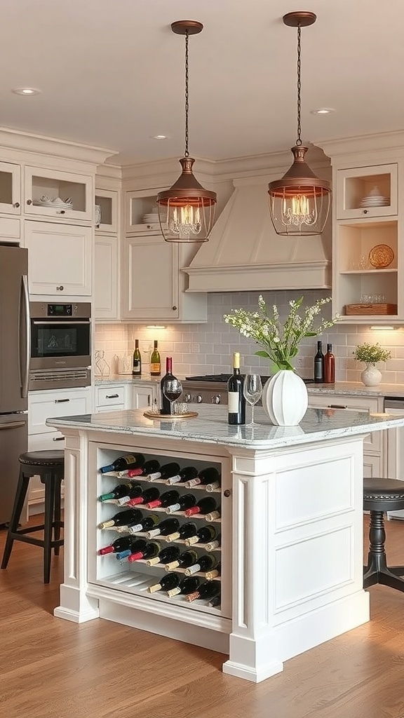 A kitchen island featuring a built-in wine rack, showcasing several wine bottles, with a granite countertop and stylish pendant lights.