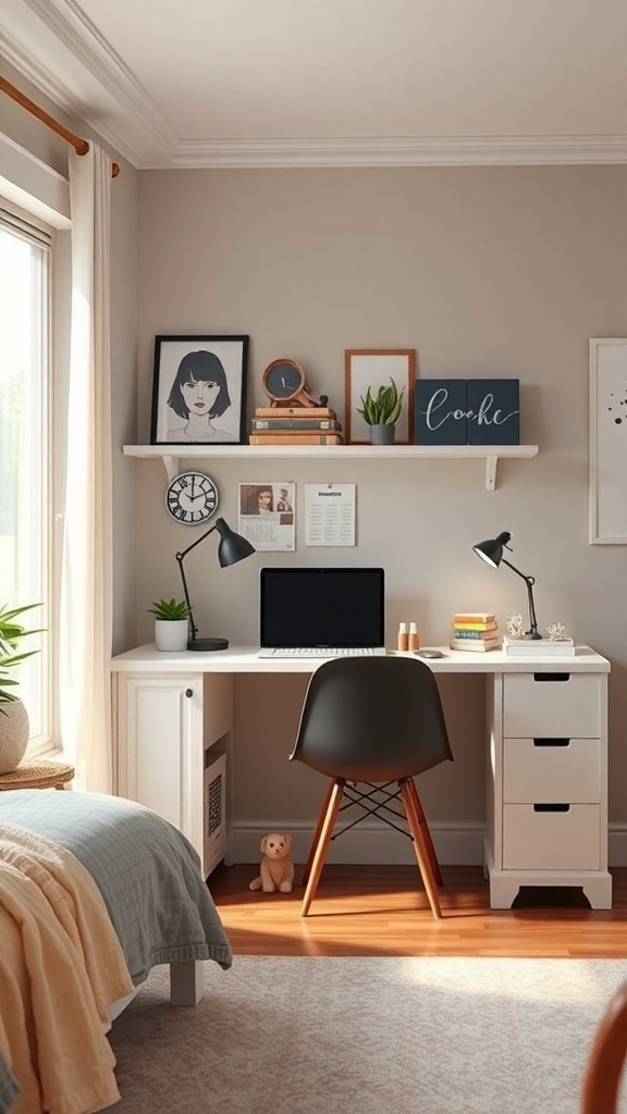 A stylish teen bedroom workspace with a white desk, black chair, and decorative shelves.