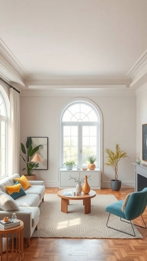 A modern living room with walls and ceiling painted in neutral tones, featuring accent colors like teal and yellow in decor.