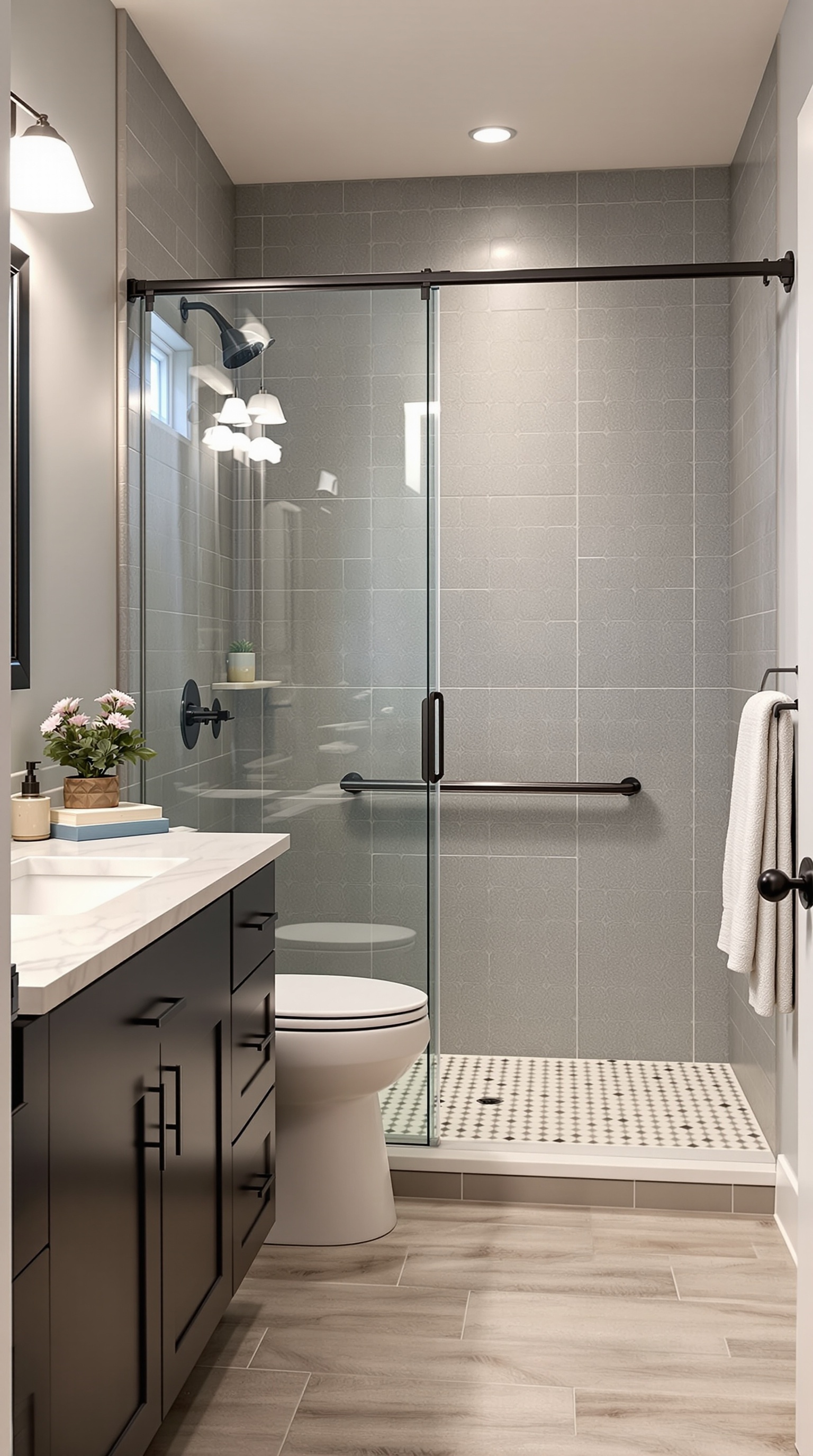 A modern family bathroom featuring a walk-in shower with grab bars, a stylish sink, and good lighting.