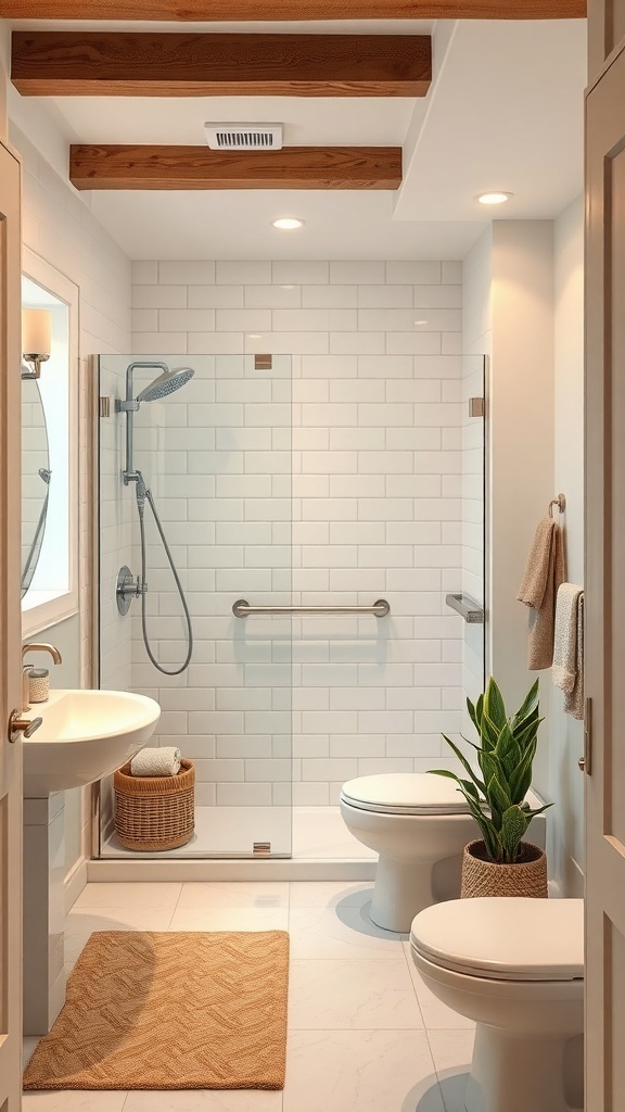 A modern basement bathroom with accessibility features, including a glass shower, grab bar, and low washbasin.