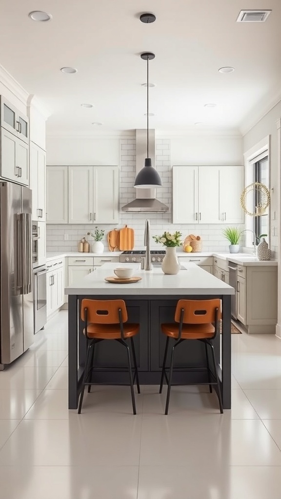 A modern galley kitchen featuring a stylish central island and seating.