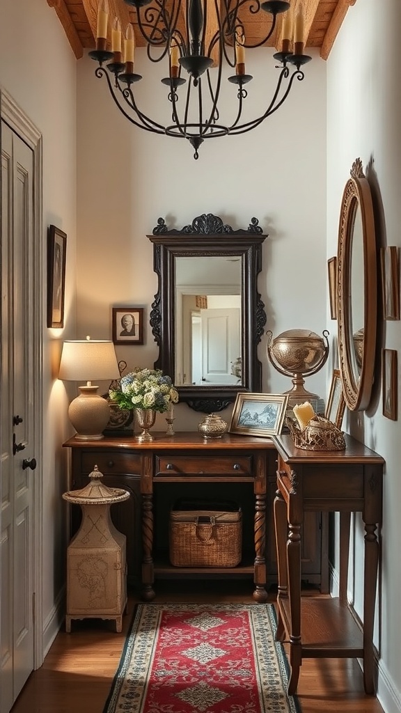 A rustic hallway featuring antique furniture, a chandelier, and decorative items.