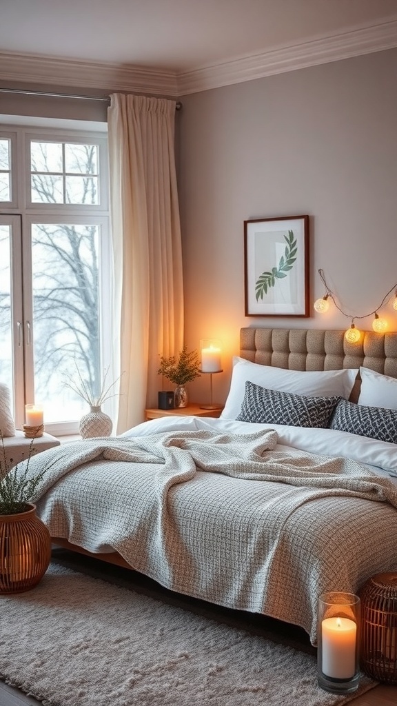 A cozy winter bedroom with soft lighting, a comfortable bed, and candles.