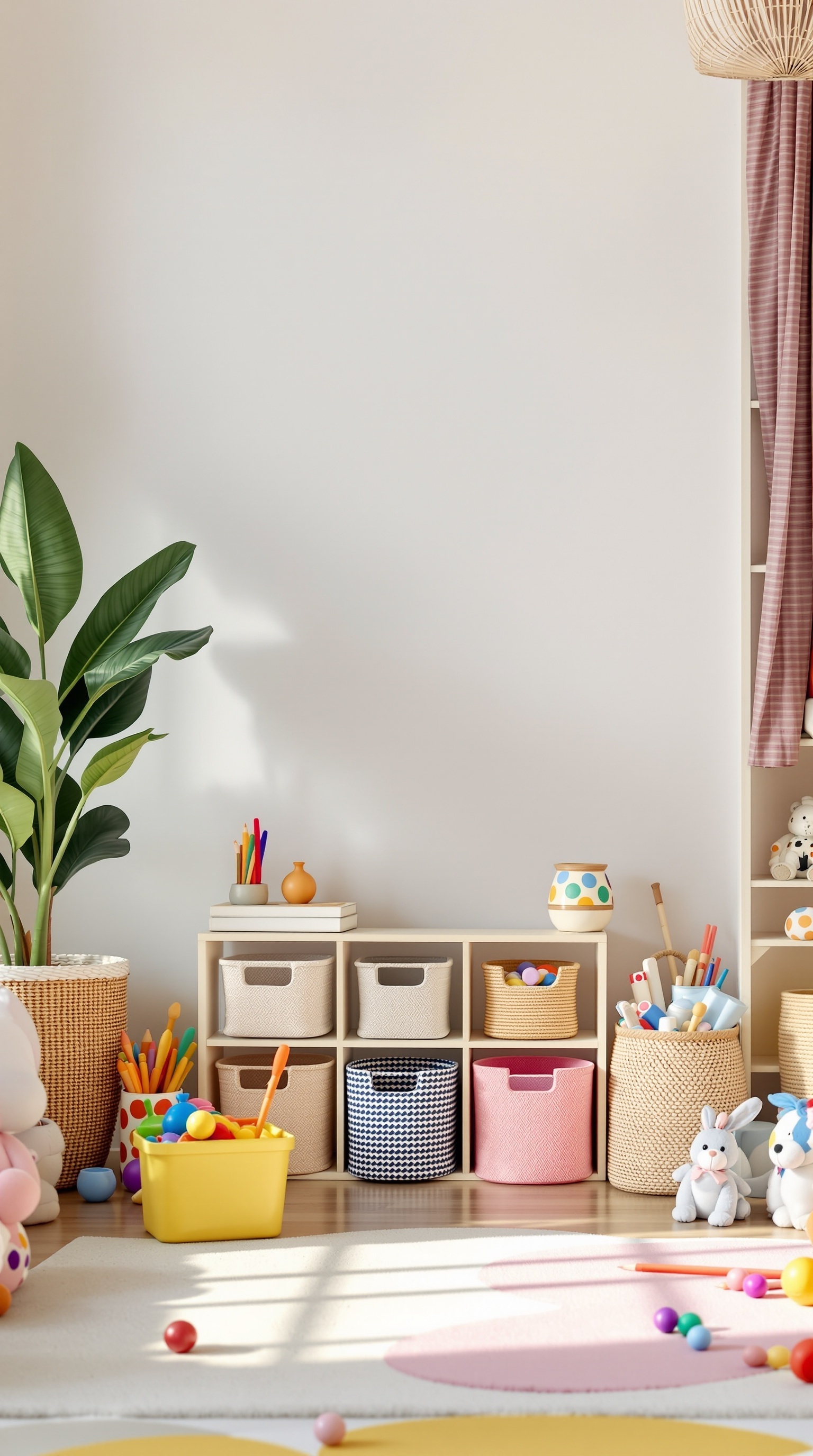 A bright play area with organized toys and art supplies, featuring colorful baskets and a plant.