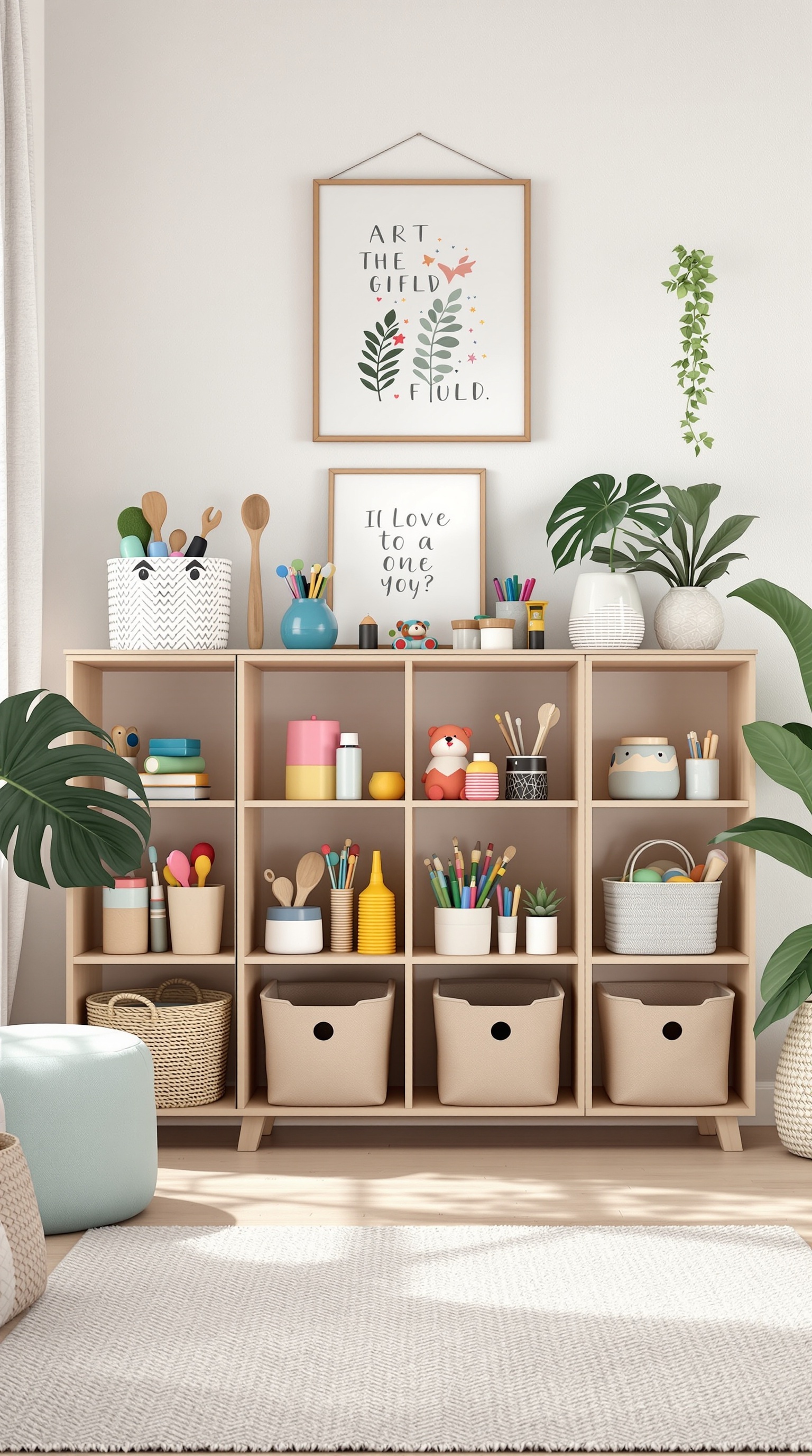 A neatly organized shelf filled with art and craft supplies, featuring colorful containers, baskets, and decorative elements.