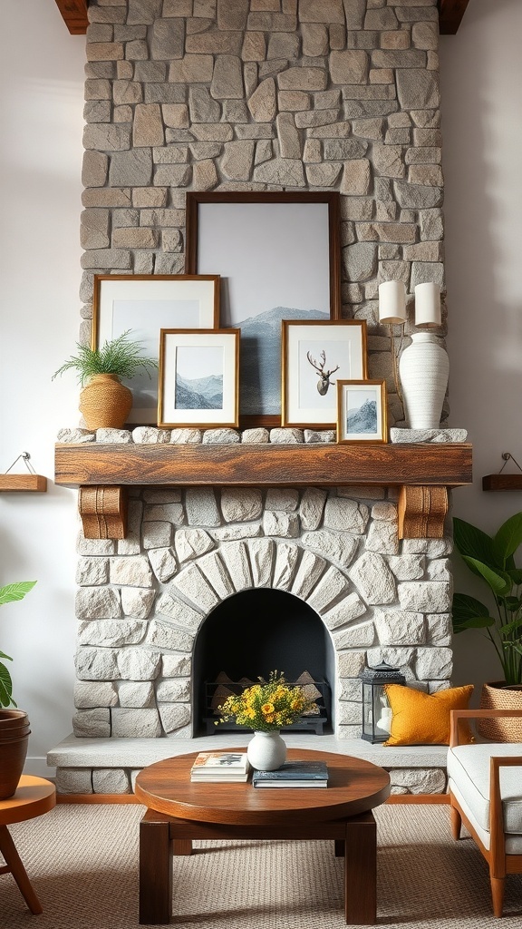 A rustic stone fireplace with framed artwork and decor above the mantel.