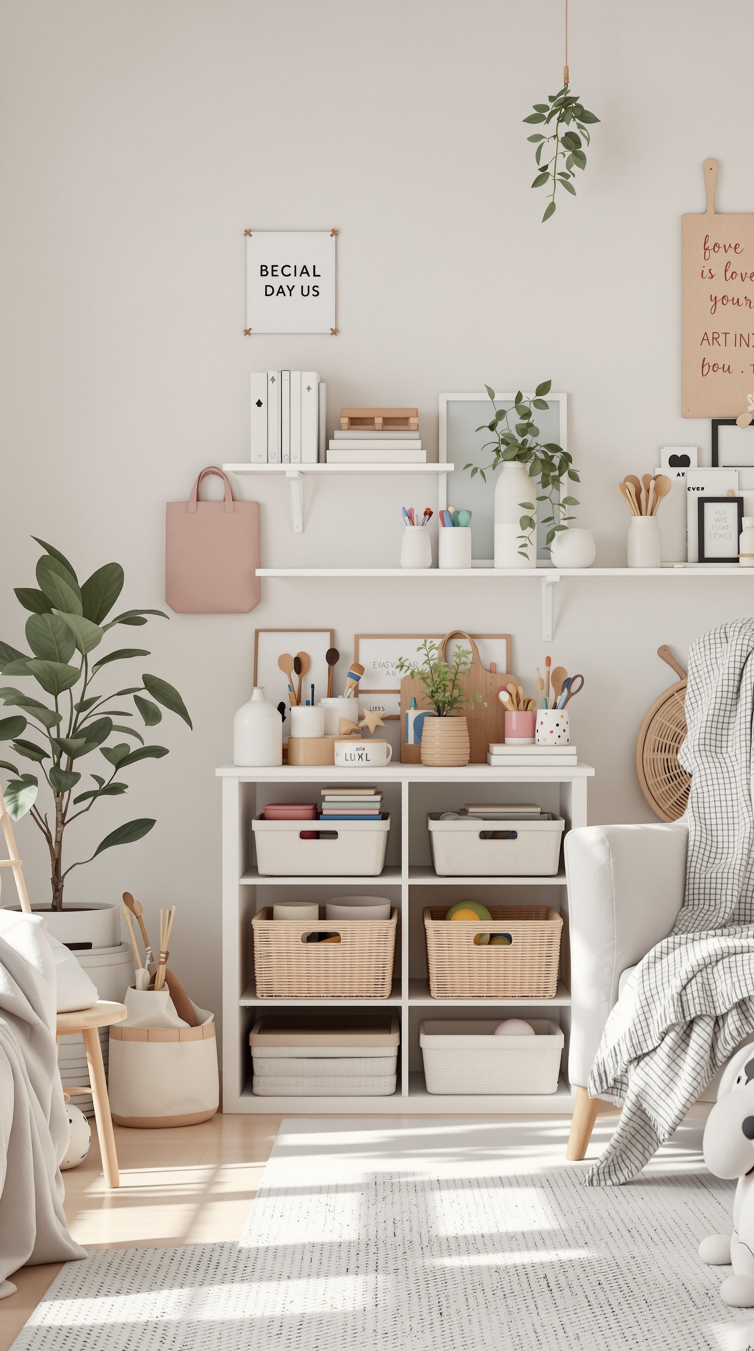 A bright room with organized shelves containing art supplies and toy storage, featuring woven baskets and decorative items.