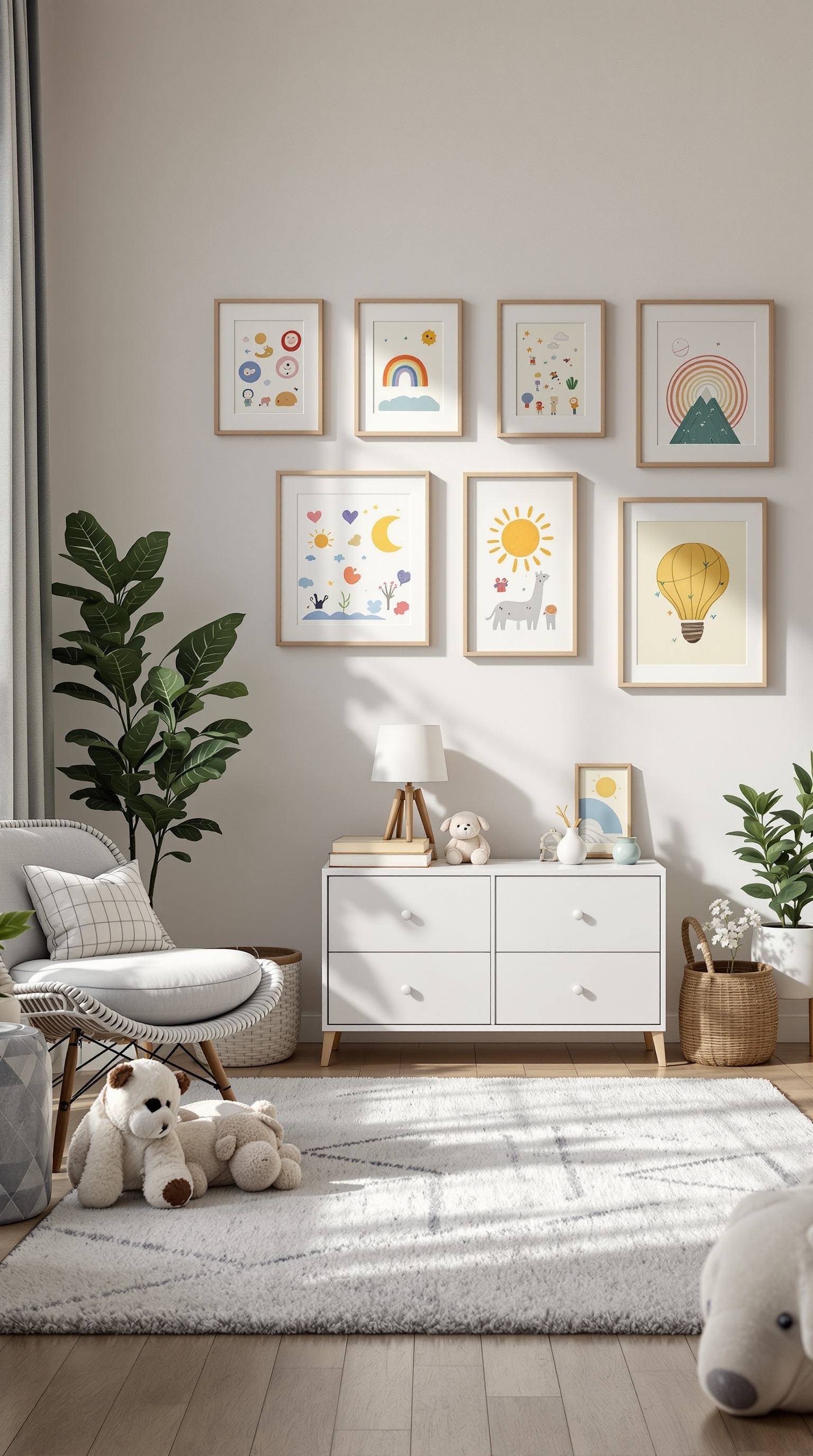 A toddler's room featuring framed colorful artwork on the wall, a cozy chair, and plants.