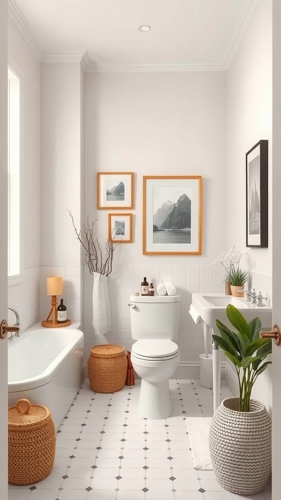 A stylish tiny bathroom with framed art, a plant, and warm lighting.