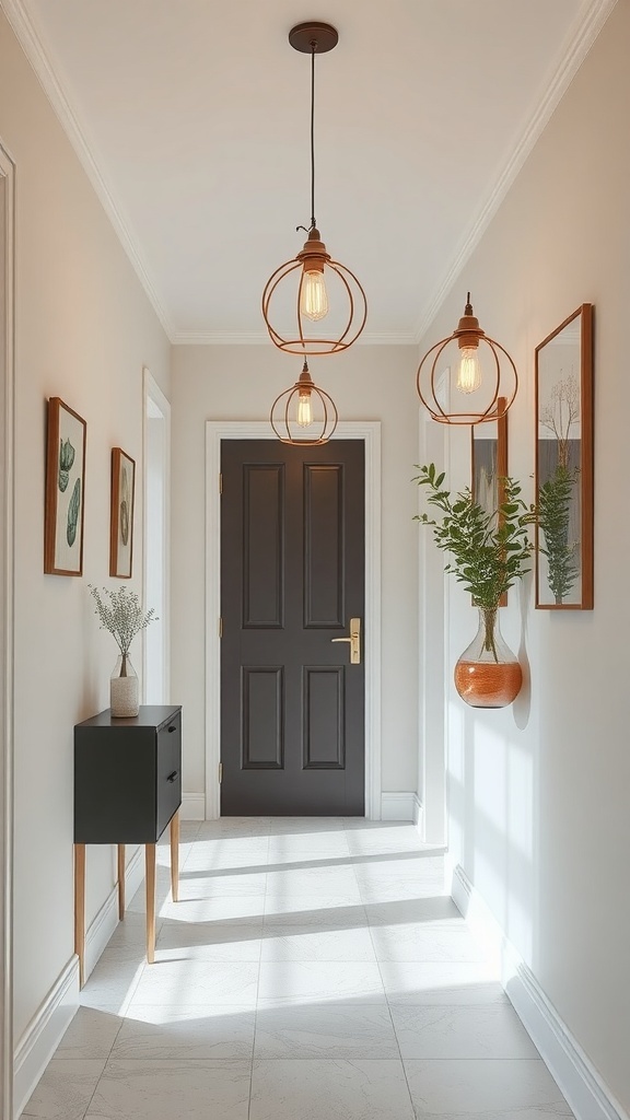 A small hallway featuring stylish pendant lights, framed artwork, and a plant.