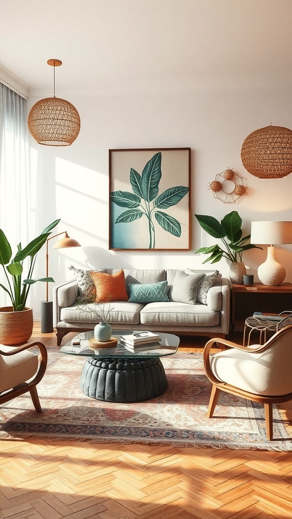 A cozy living room featuring artisanal crafts, plants, and elegant decor.