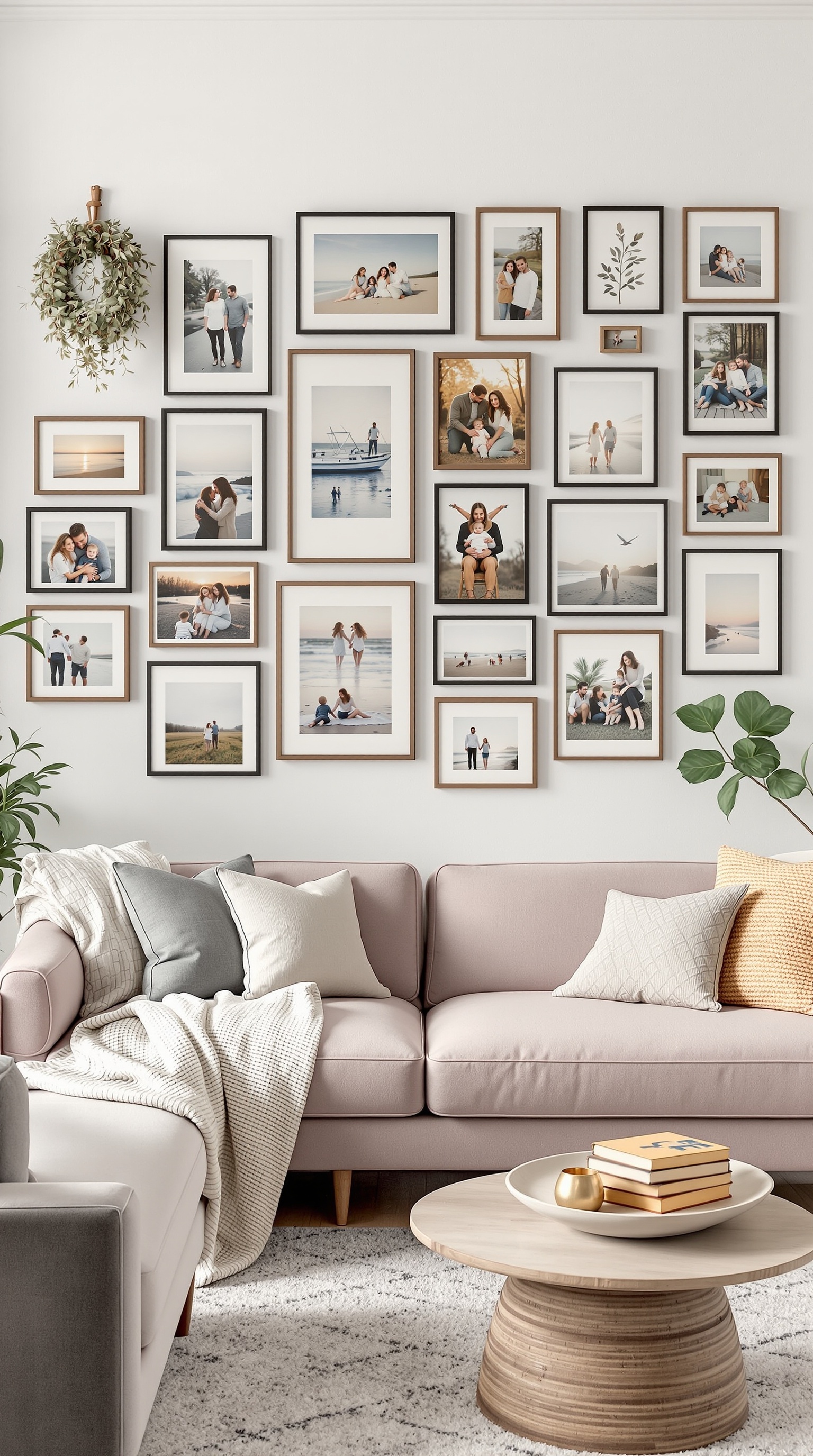 A cozy living room with a wall displaying a variety of family photos in different frames, complemented by a wreath and greenery.