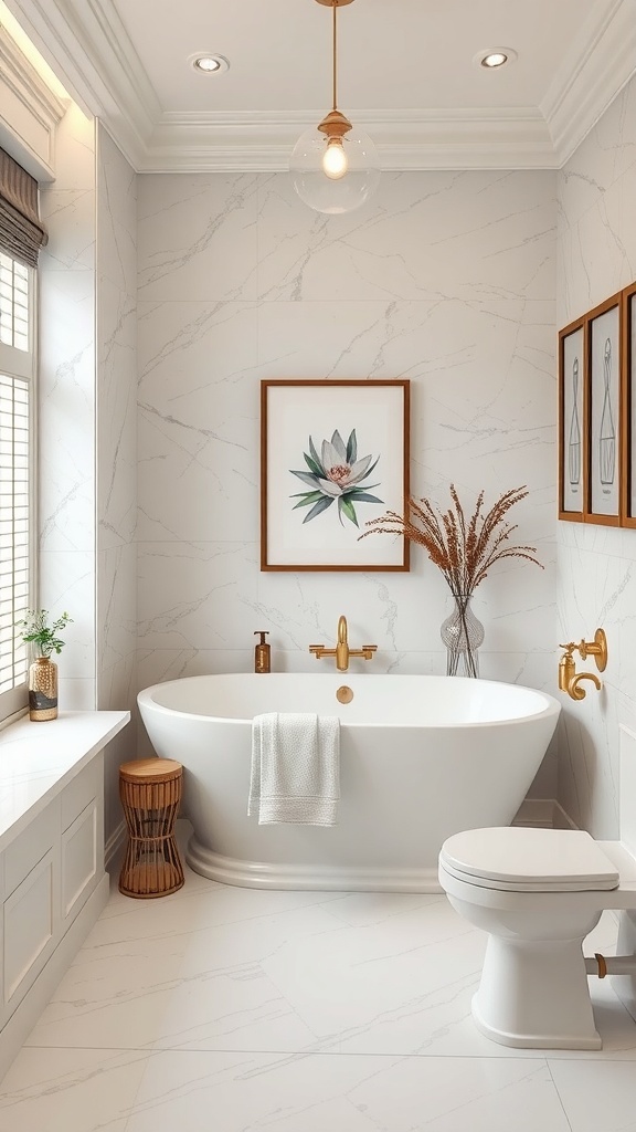 A marble bathroom featuring a sleek bathtub, elegant fixtures, and framed artwork.