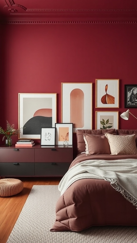 A burgundy bedroom with framed artwork on the walls, showcasing a mix of abstract and botanical prints.