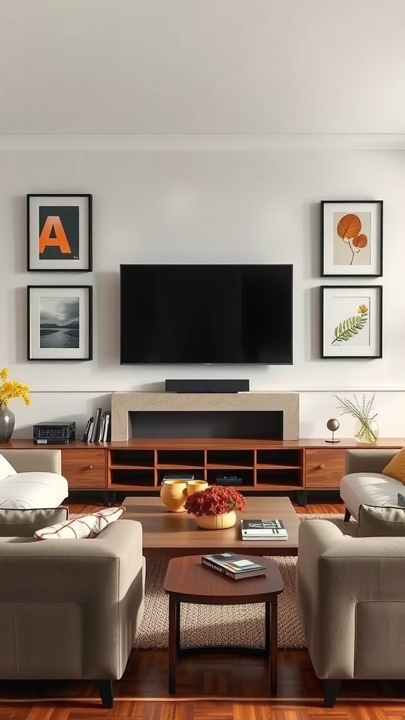 Living room with a TV feature wall, framed artwork, and stylish furniture.