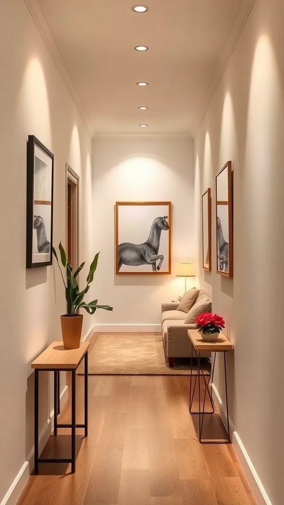 A narrow hallway with artwork, LED lighting, and decorative elements.