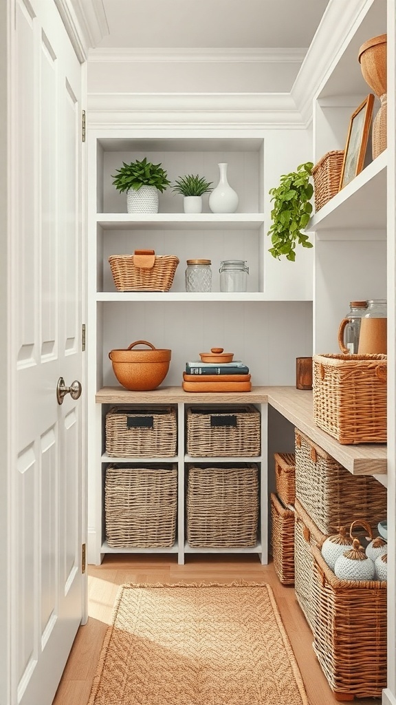 A well-organized small pantry featuring various baskets for storage, plants, and decorative items.