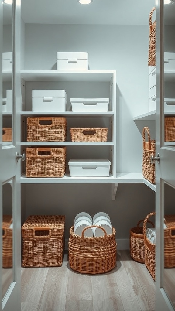 Organized pantry with woven baskets and white storage boxes on shelves.