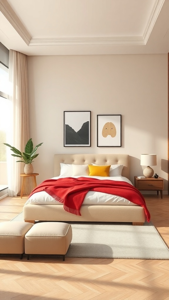 A stylish beige bedroom featuring a bed with a red throw blanket and yellow pillows, complemented by artwork and a green plant.